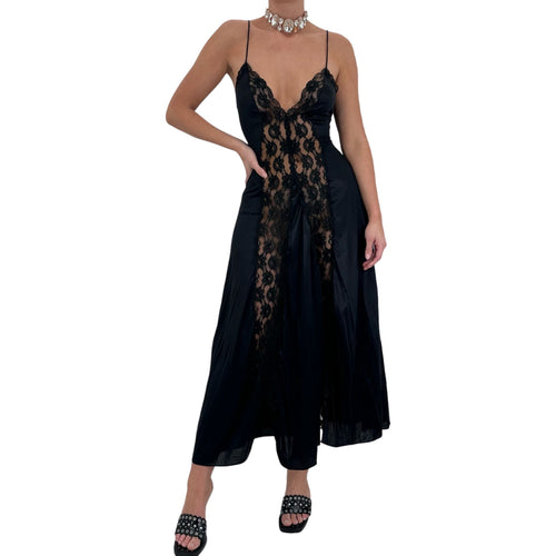 90s Rare Vintage Black Lace Maxi Slip Dress [M]