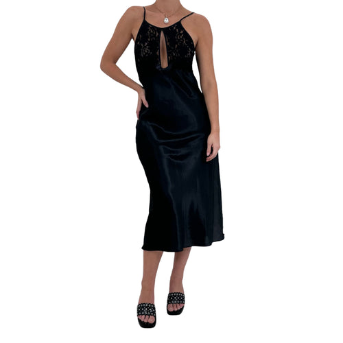 90s Rare Vintage Black Satin Lace Maxi Slip Dress [M]