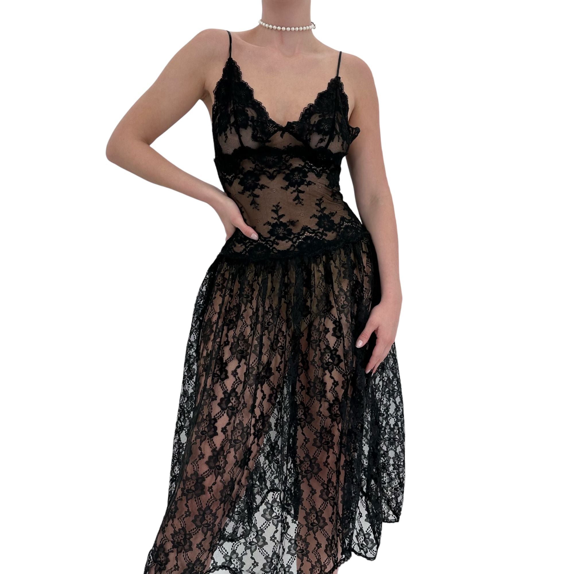 90s Rare Vintage Black Lace Floral Slip Dress [S]