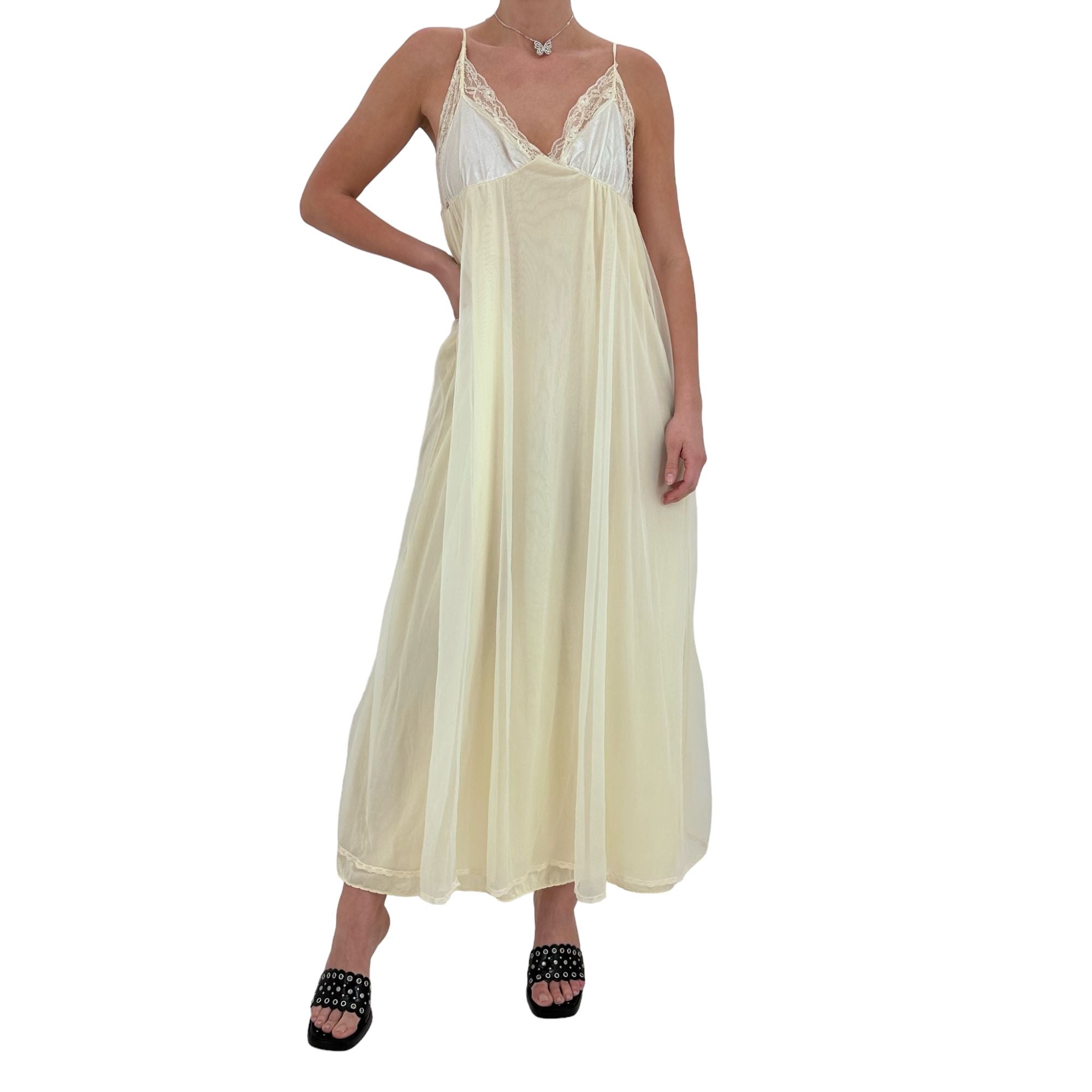 90s Vintage Pale Yellow Mesh Maxi Slip Dress [L]