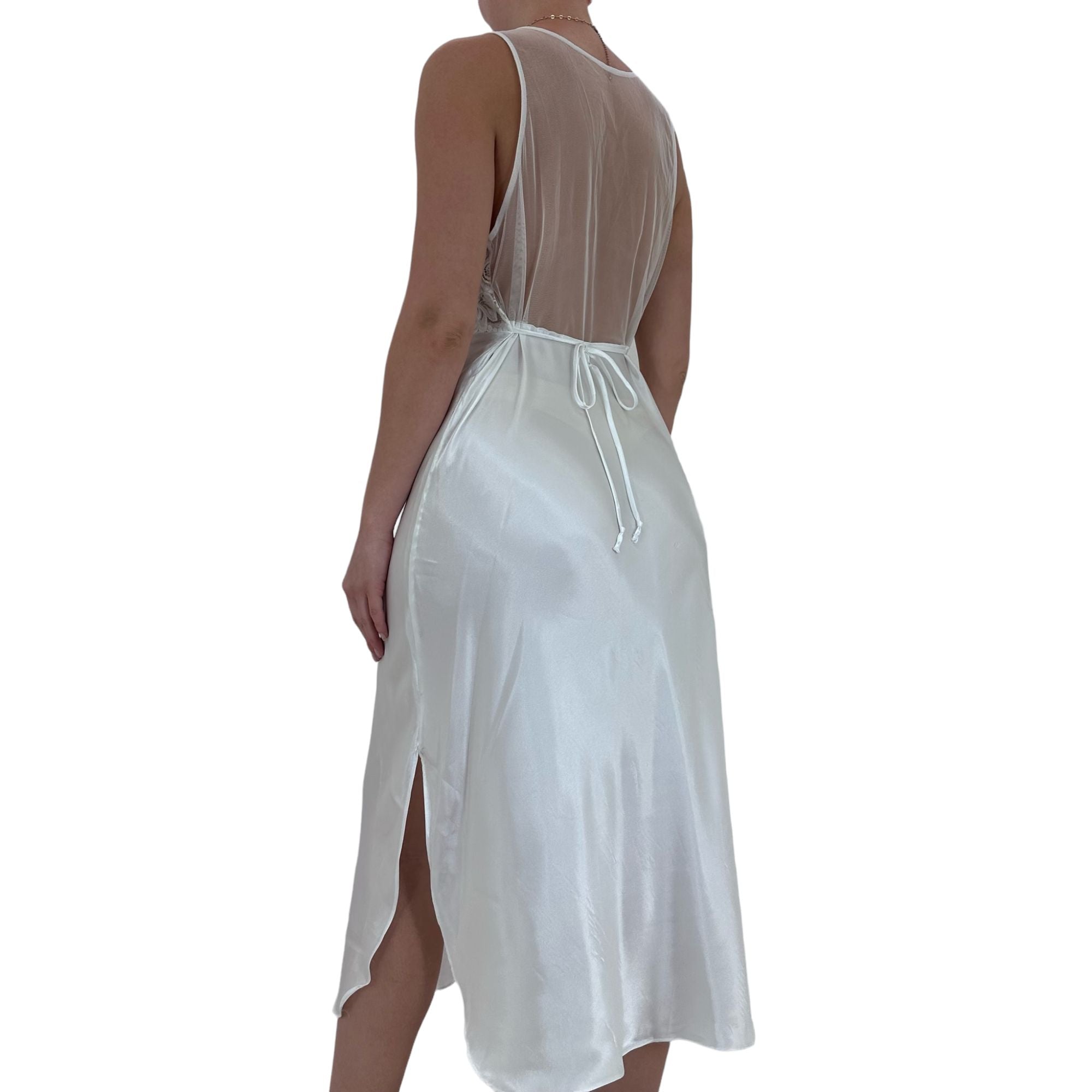 90s Rare Vintage White Satin Midi Slip Dress [L]