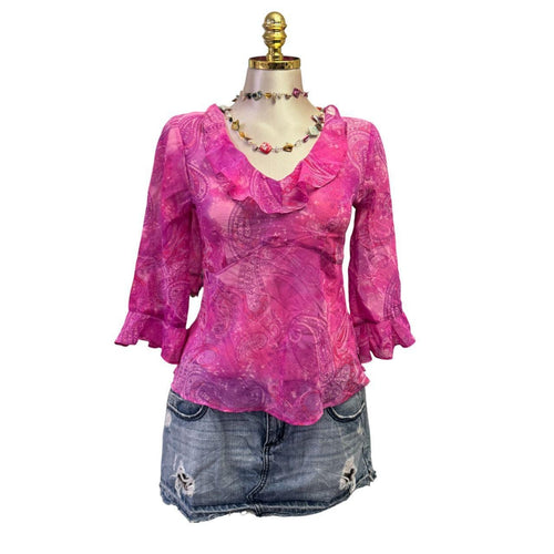 Y2K Vintage Pink Paisley Ruffle Top  [S]