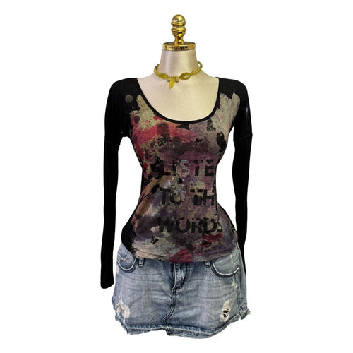 90s Vintage Black Multi-color Artsy Sequin "Listen To The Words" Top [L]