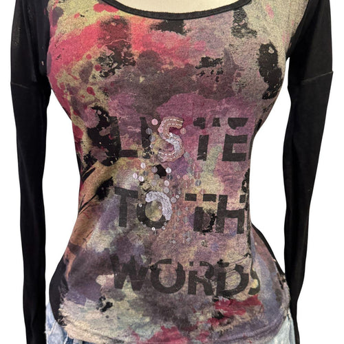 90s Vintage Black Multi-color Artsy Sequin "Listen To The Words" Top [L]