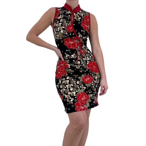 Y2k Vintage Black Red + White Floral Cheongsam Dress [L]