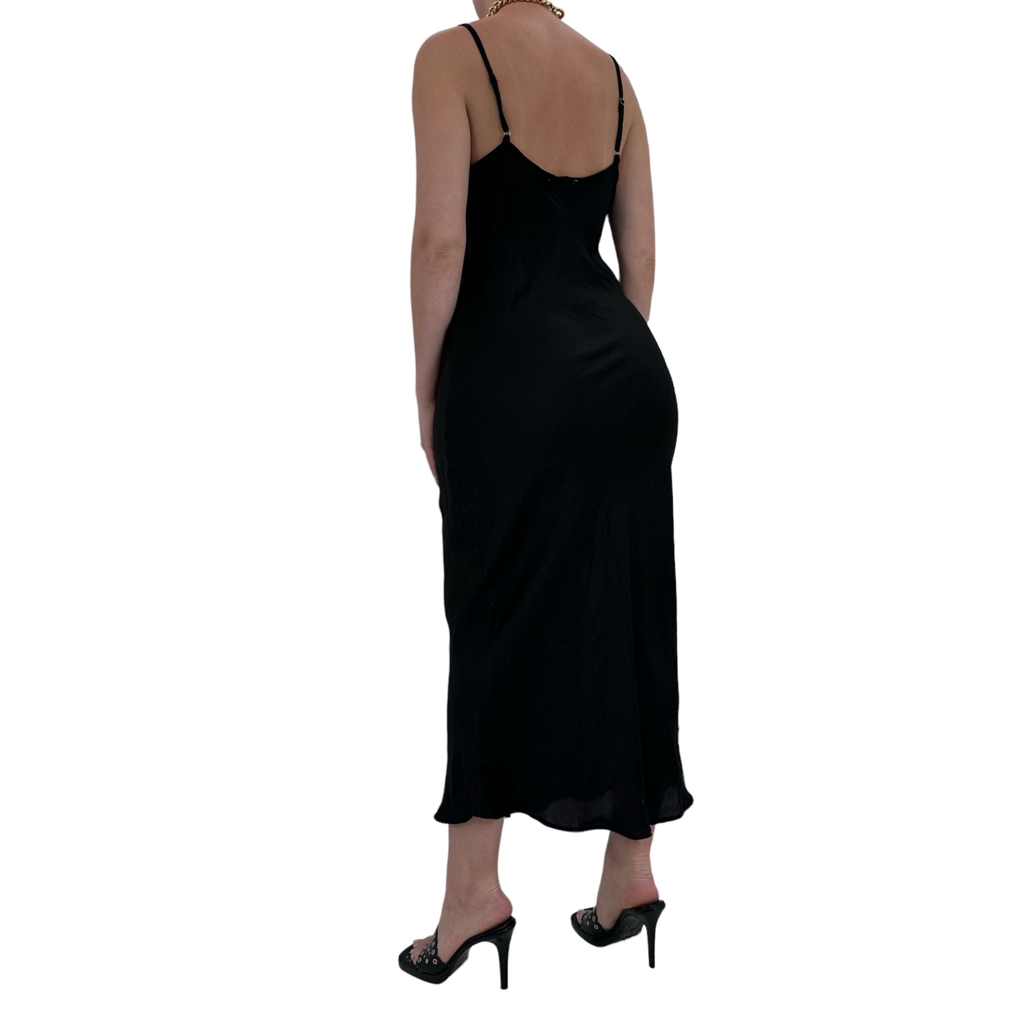 90s Rare Vintage Black Satin Maxi Slip Dress [M]
