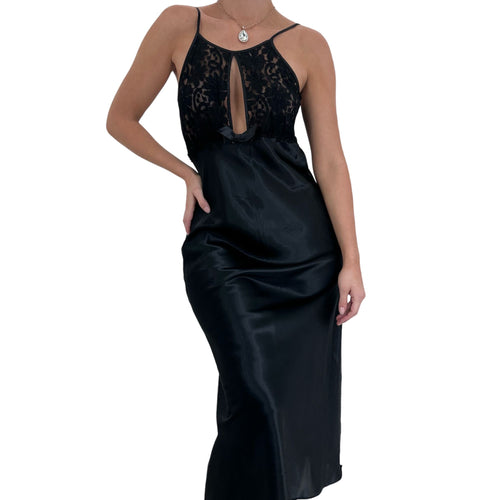 90s Rare Vintage Black Satin Lace Maxi Slip Dress [M]
