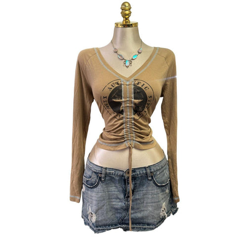 90s Vintage Brown Blue Star Ruched Top [L]