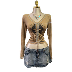 90s Vintage Brown Blue Star Ruched Top [L]