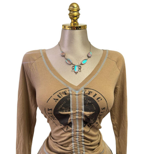 90s Vintage Brown Blue Star Ruched Top [L]