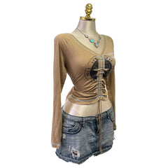 90s Vintage Brown Blue Star Ruched Top [L]