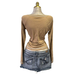 90s Vintage Brown Blue Star Ruched Top [L]