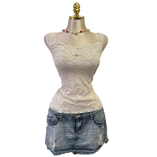 Y2K Vintage White Floral Lace Sheer W/ Rhinestone Circle Top [M]