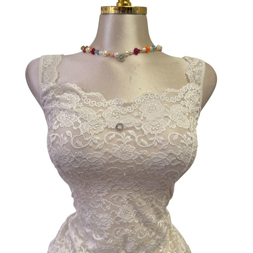 Y2K Vintage White Floral Lace Sheer W/ Rhinestone Circle Top [M]