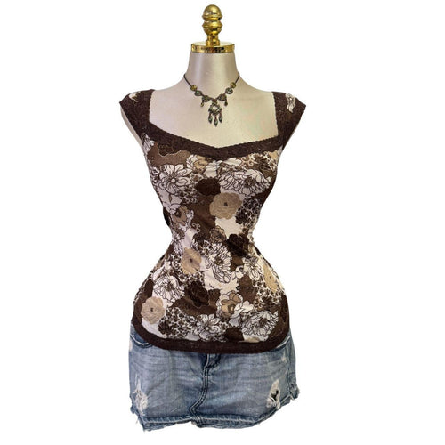 90s Vintage Brown Cream Floral Lace Trim Top [XL]