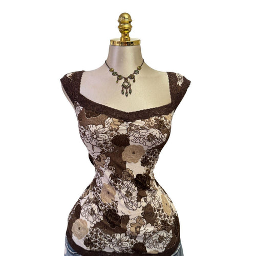 90s Vintage Brown Cream Floral Lace Trim Top [XL]