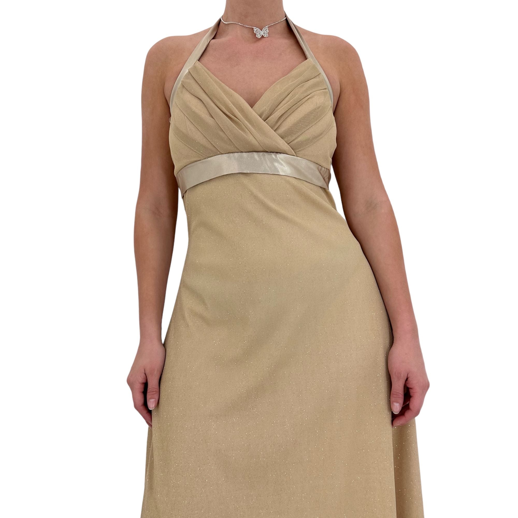 Y2k Vintage Gold Sparkle Halter Dress [XL]