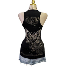 90s Vintage Black Silver Studs Butterfly Top [L]