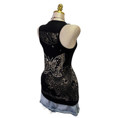 90s Vintage Black Silver Studs Butterfly Top [L]