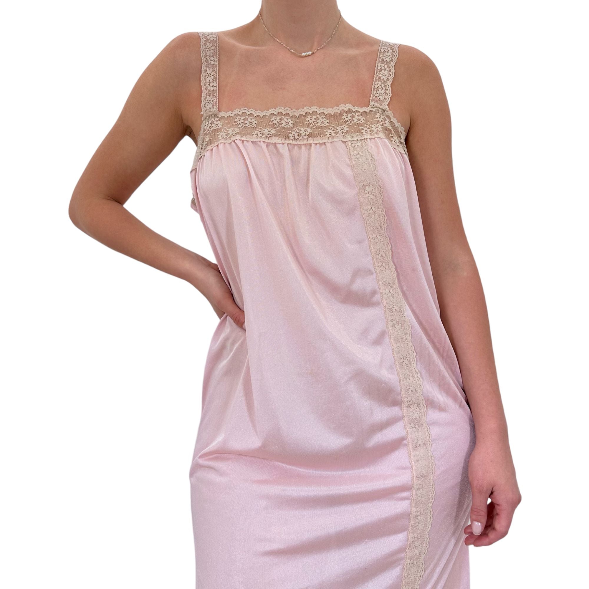 90s Vintage Beige + Pink Floral Lace Maxi Slip Dress [M, L]