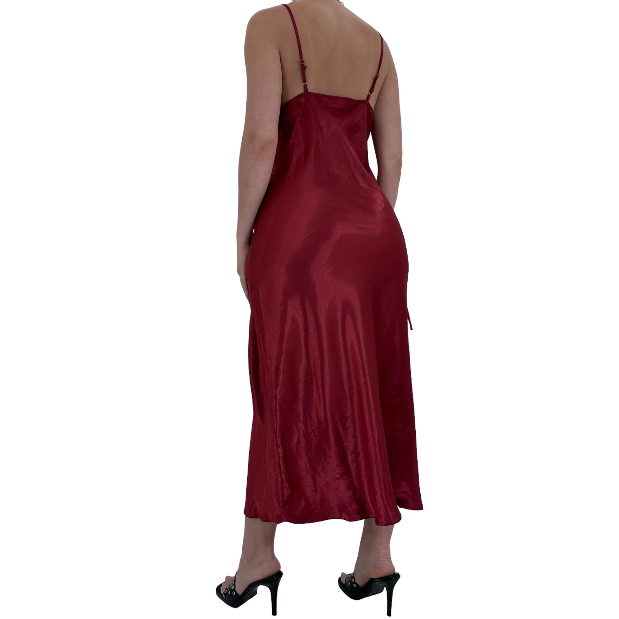 90s Rare Vintage Red Satin Maxi Slip Dress [M]