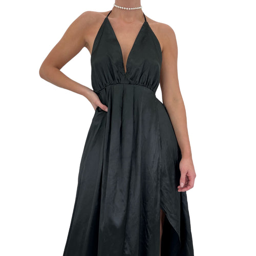 Y2k Vintage Black Satin Halter Maxi Dress [M-L]