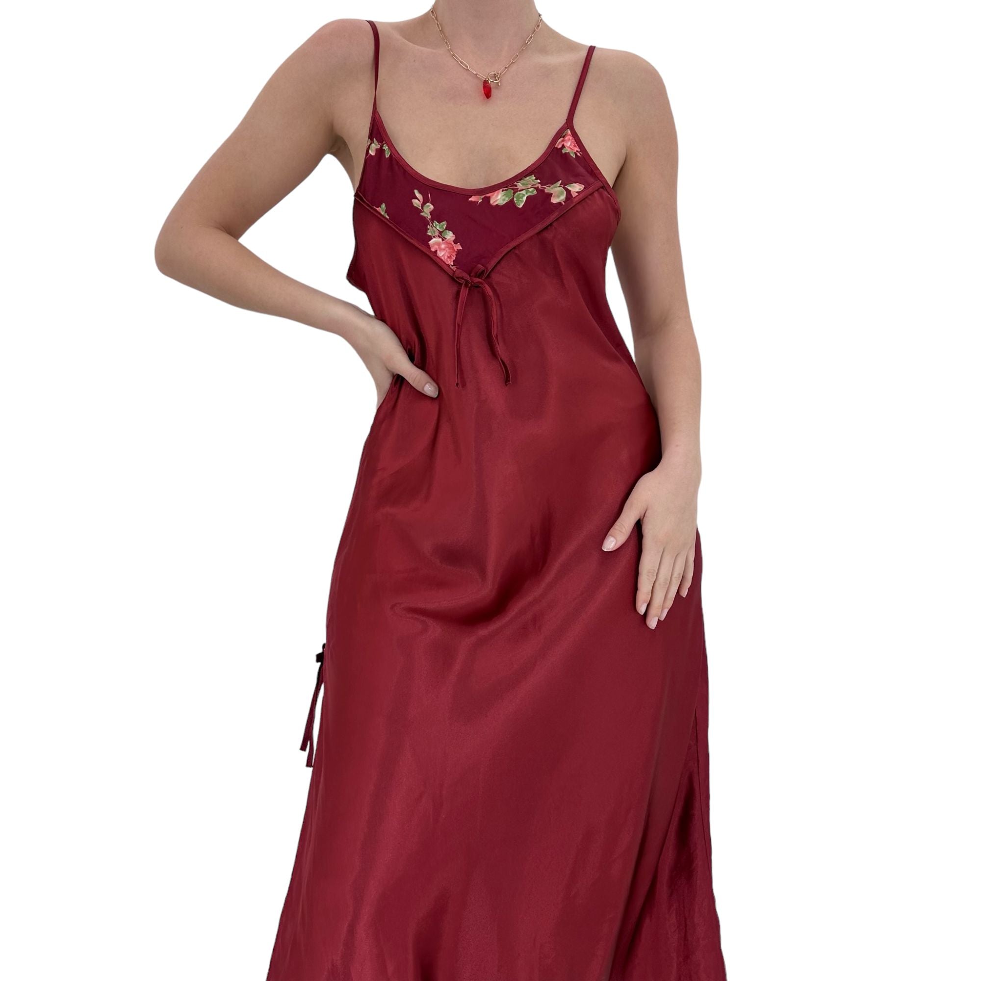 90s Rare Vintage Red Satin Maxi Slip Dress [M]