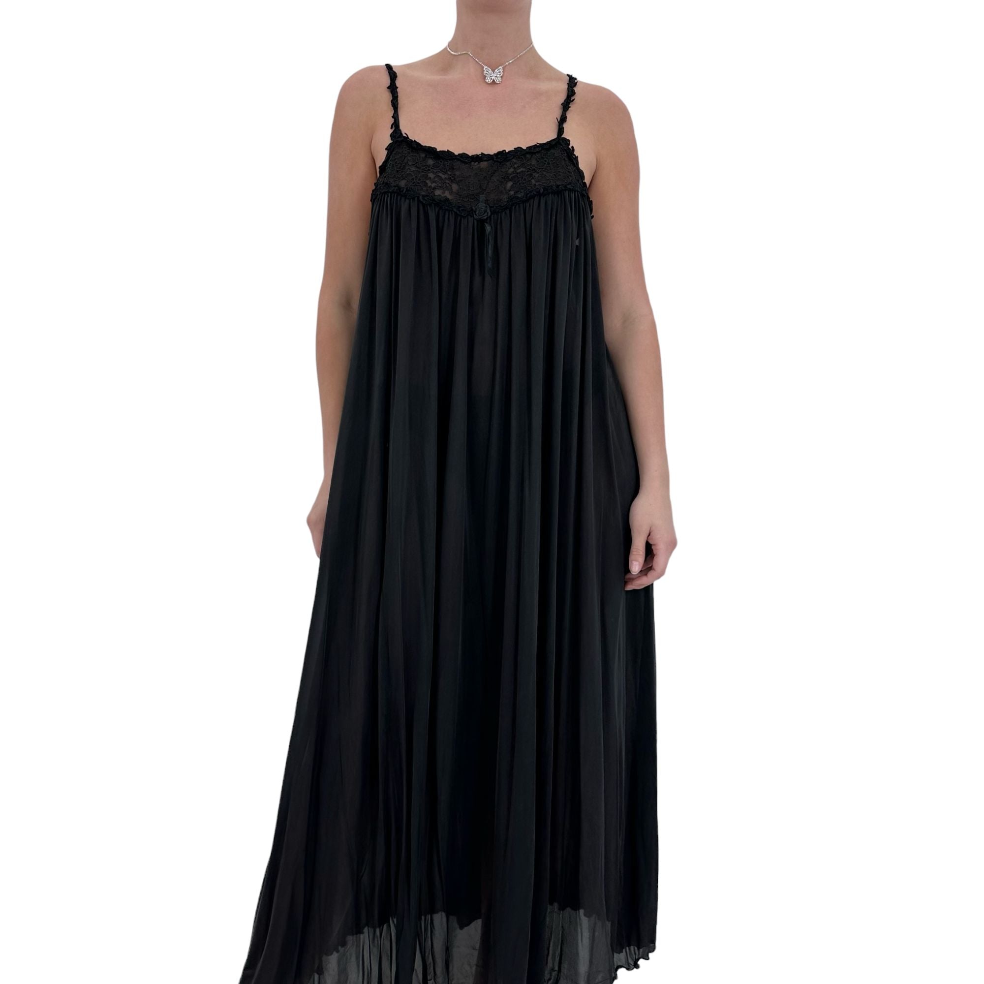 90s Vintage Black Pleated Maxi Dress [M-L]