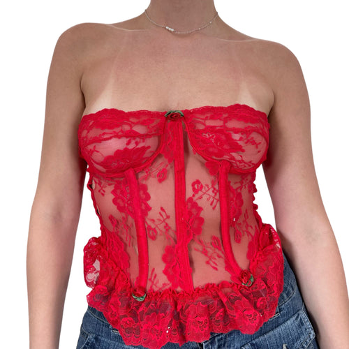 90s Vintage Red Floral Lace Sheer Strapless Top [S]