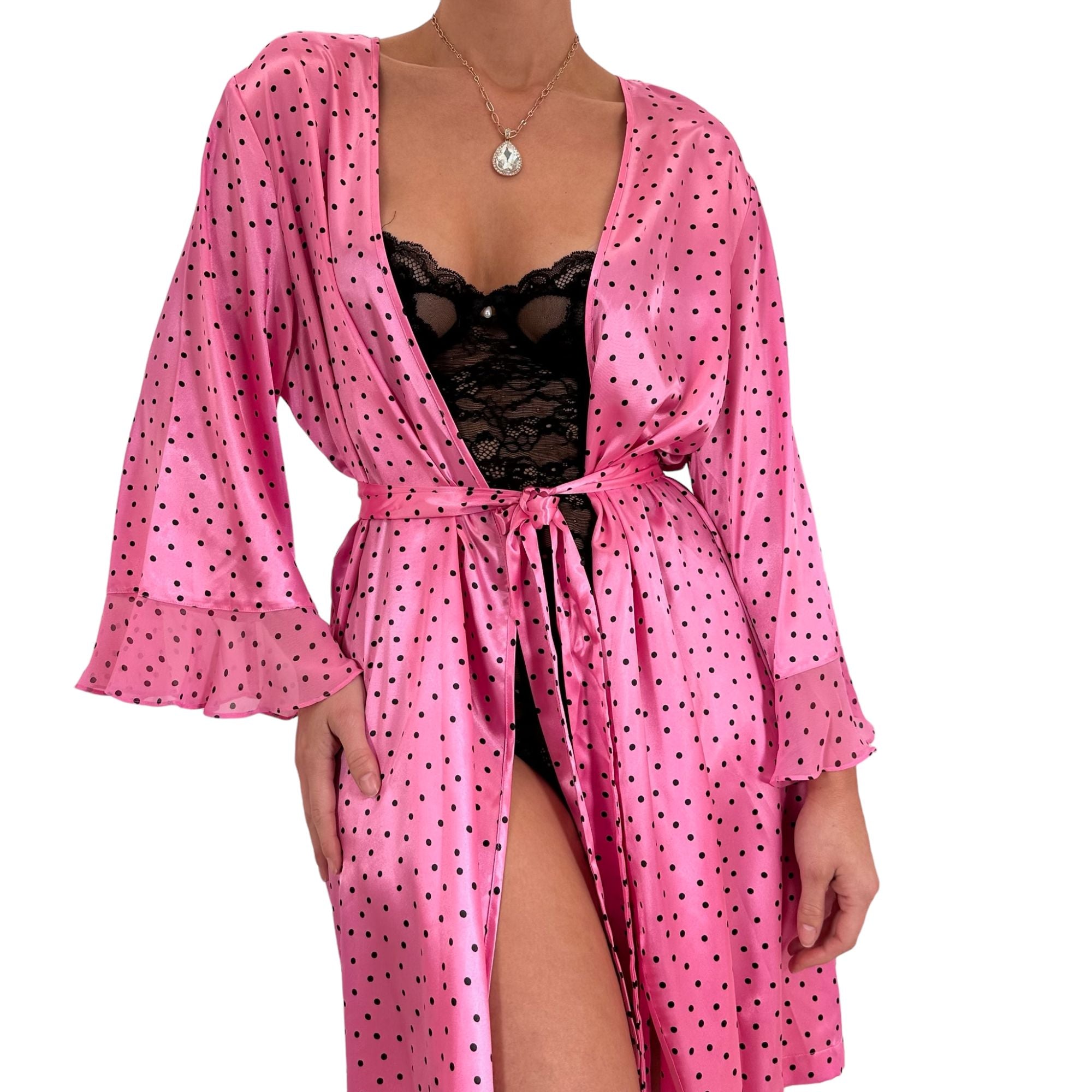 Y2k Vintage Pink Polka Dots Satin Robe [L-XL]