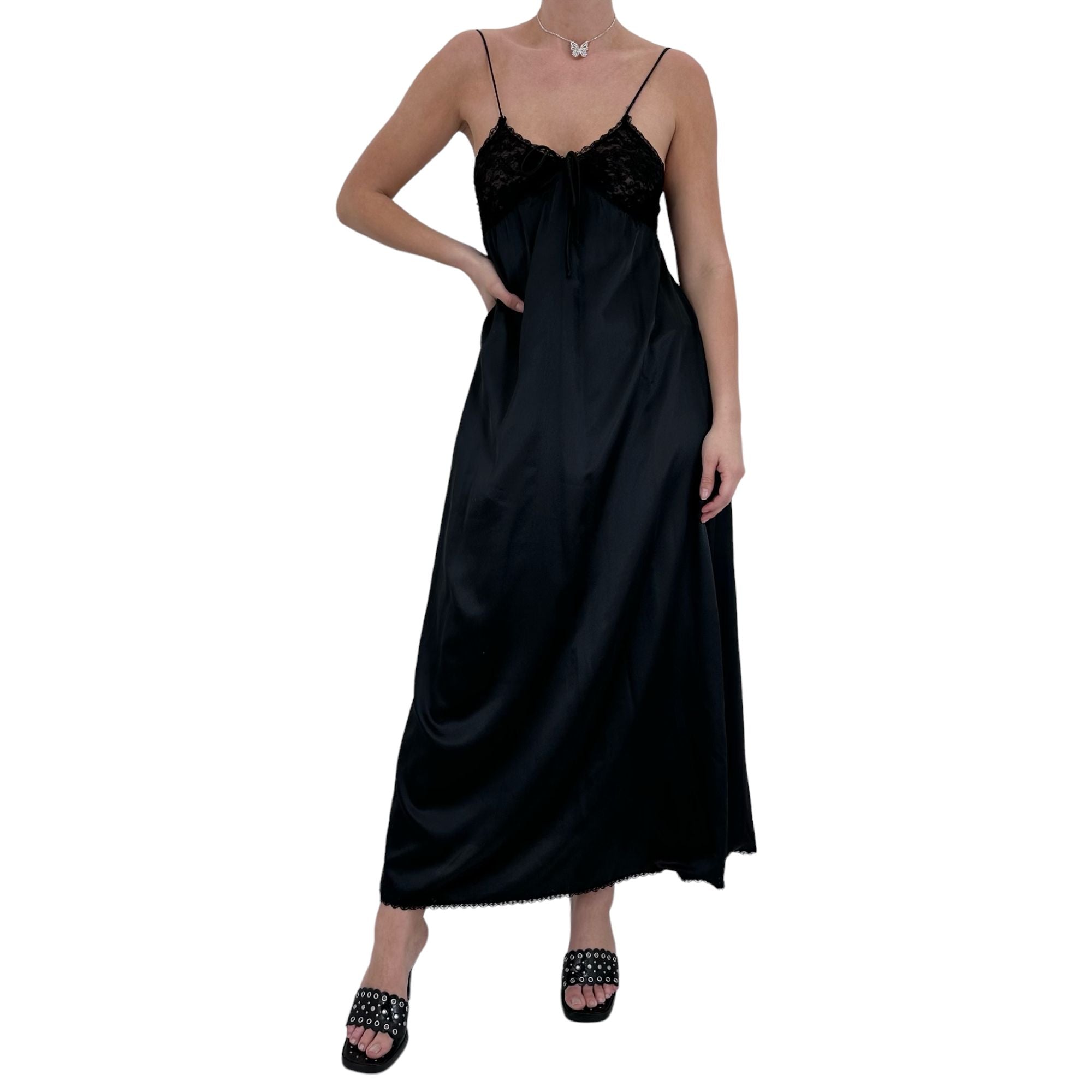 90s Vintage Black Satin Maxi Slip Dress [S-M]