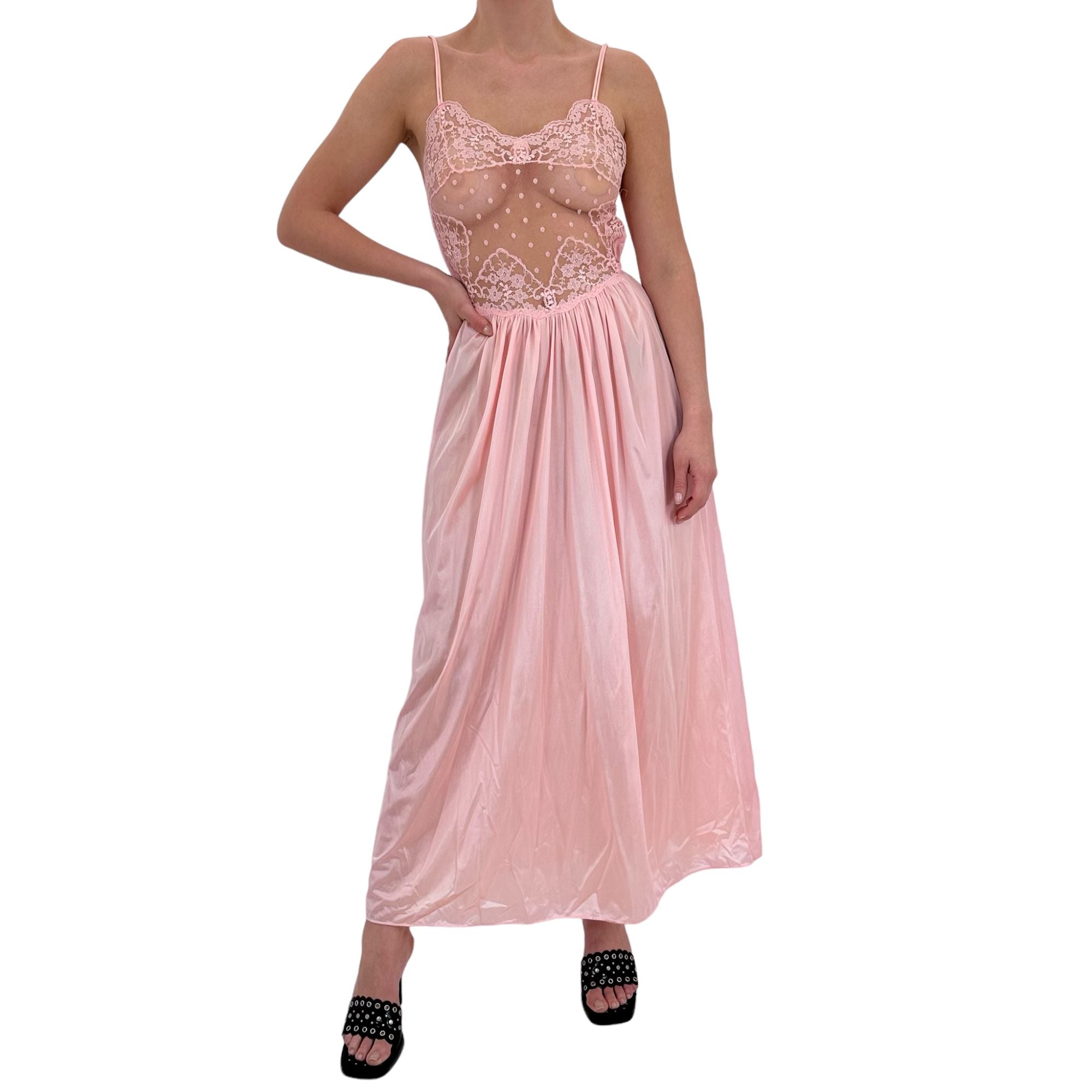 90s Rare Vintage Peach Pink Lace Maxi Slip Dress [S]