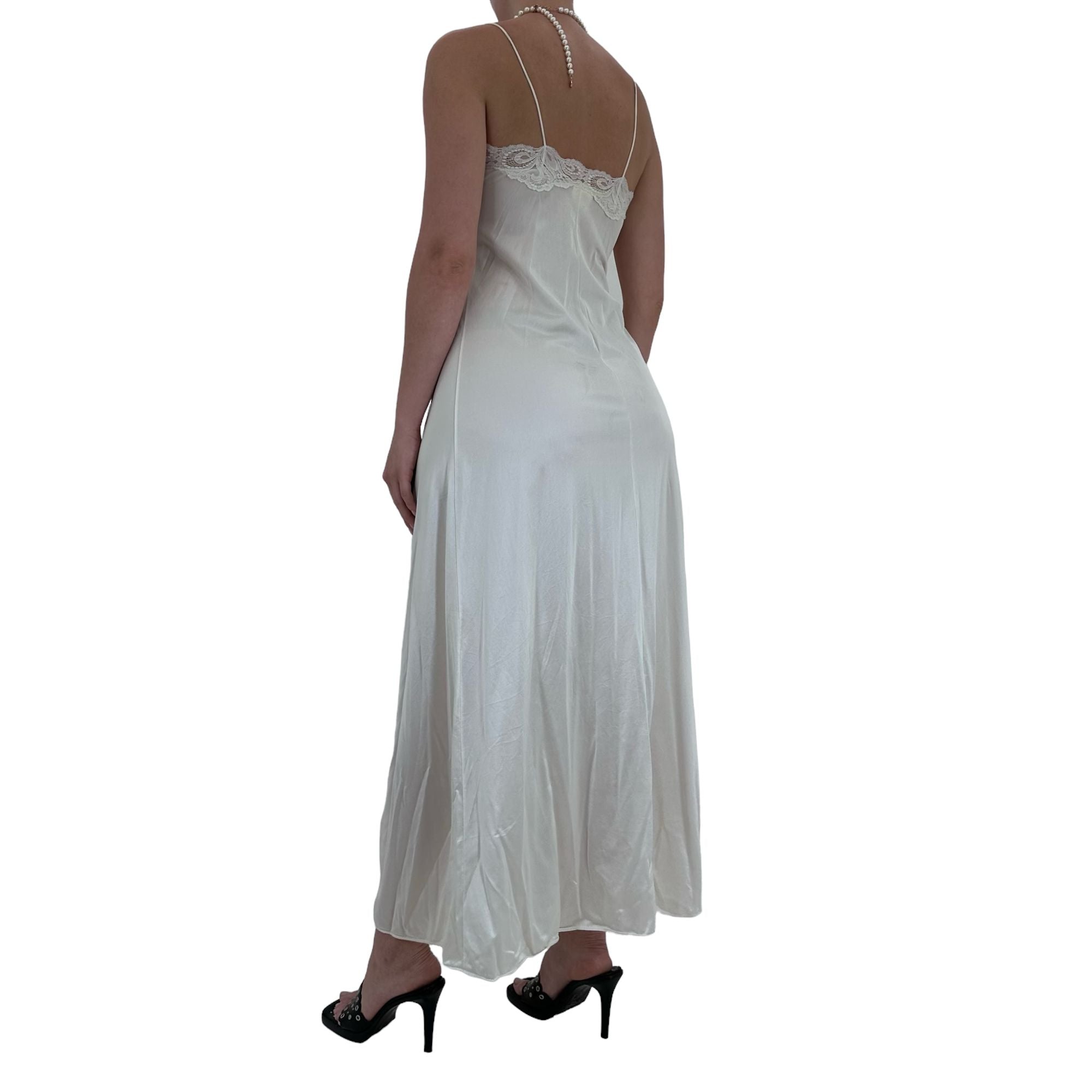 90s Rare Vintage White Satin Maxi Slip Dress [S]