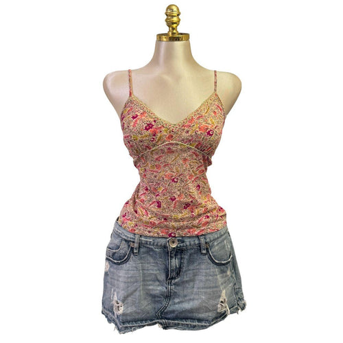Y2k Vintage Kookai Pink Floral Mesh V-Neck Tank Top [S]