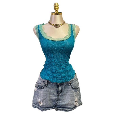 Y2K Vintage Blue Lace Floral Tank Top [S, M]