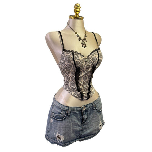90s Vintage White Black Lace Bustier Top  [XS]