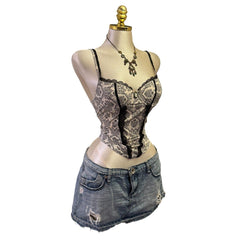90s Vintage White Black Lace Bustier Top  [XS]