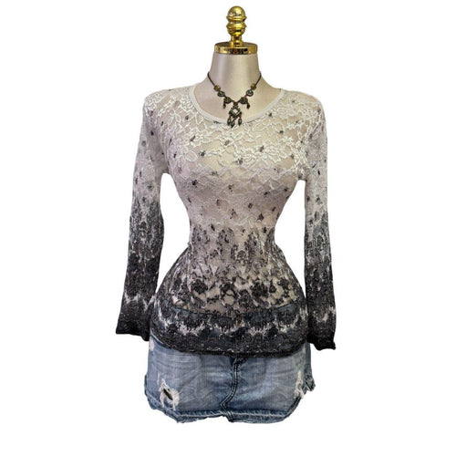 90s Vintage White Gray Floral Lace Long Sleeve Ombre Top [L]