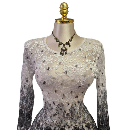 90s Vintage White Gray Floral Lace Long Sleeve Ombre Top [L]