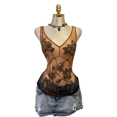 90s Vintage Brown Tie Dye Gold Sequin V-neck Mesh Top [L][L]