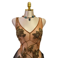 90s Vintage Brown Tie Dye Gold Sequin V-neck Mesh Top [L][L]