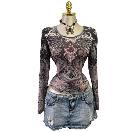 90s Vintage Gray Angel Wing Sequin Top [L]