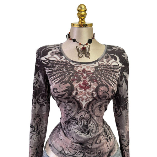 90s Vintage Gray Angel Wing Sequin Top [L]