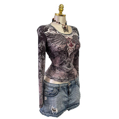 90s Vintage Gray Angel Wing Sequin Top [L]