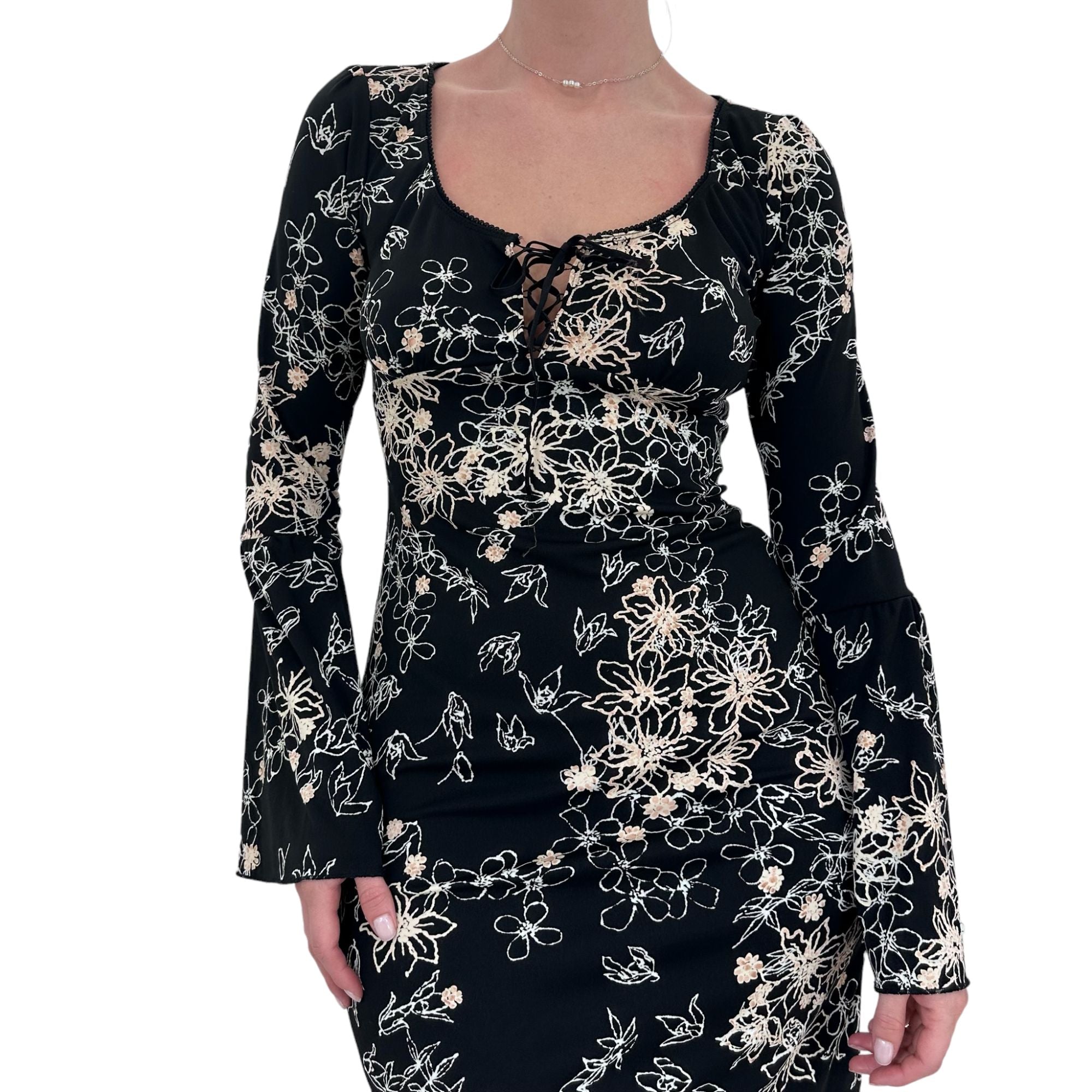Y2k Vintage Black White + Beige Floral Long Sleeves Dress [M]