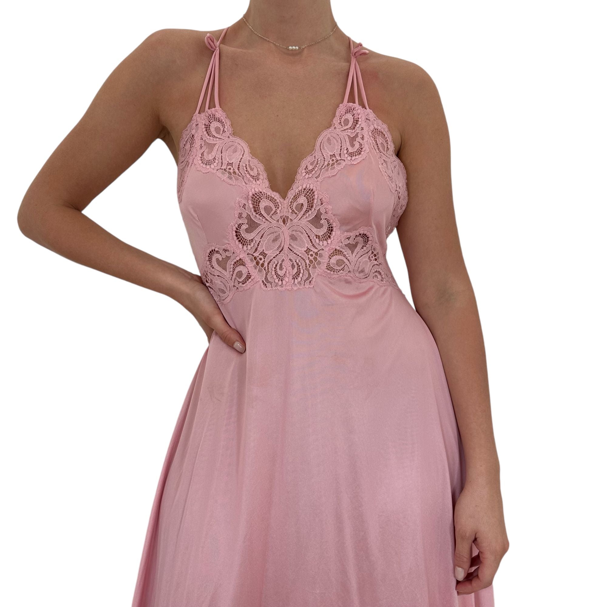 90s Vintage Pink Floral Lace V-Neck Maxi Dress [M]