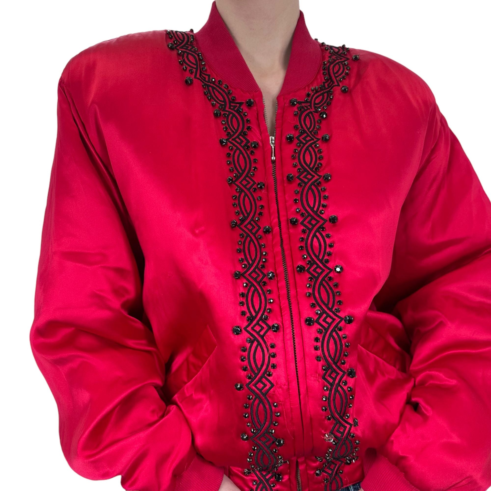 90s Vintage Red Silk Beaded Jacket [M, L]