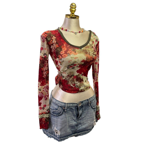 90s Vintage Green Red Floral Top [S]