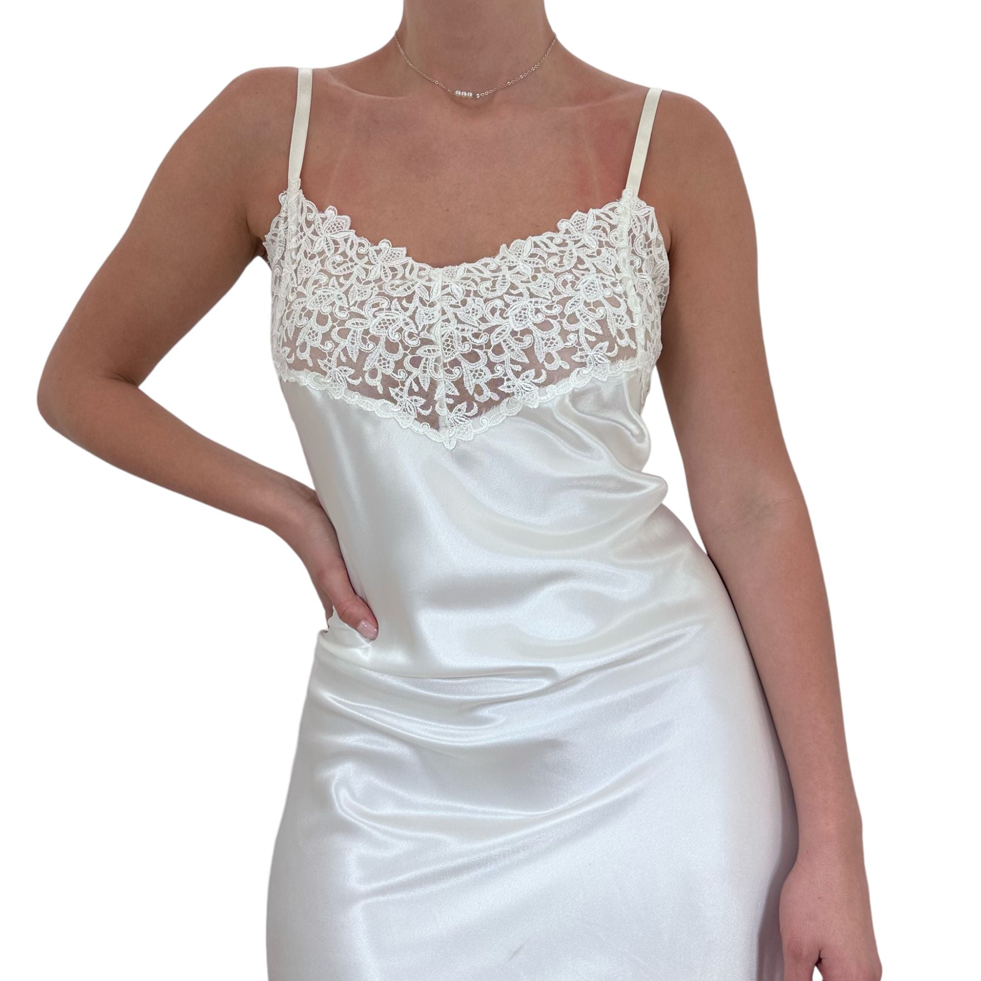 90s Vintage White Floral Lace Satin Slip Dress [M, L]