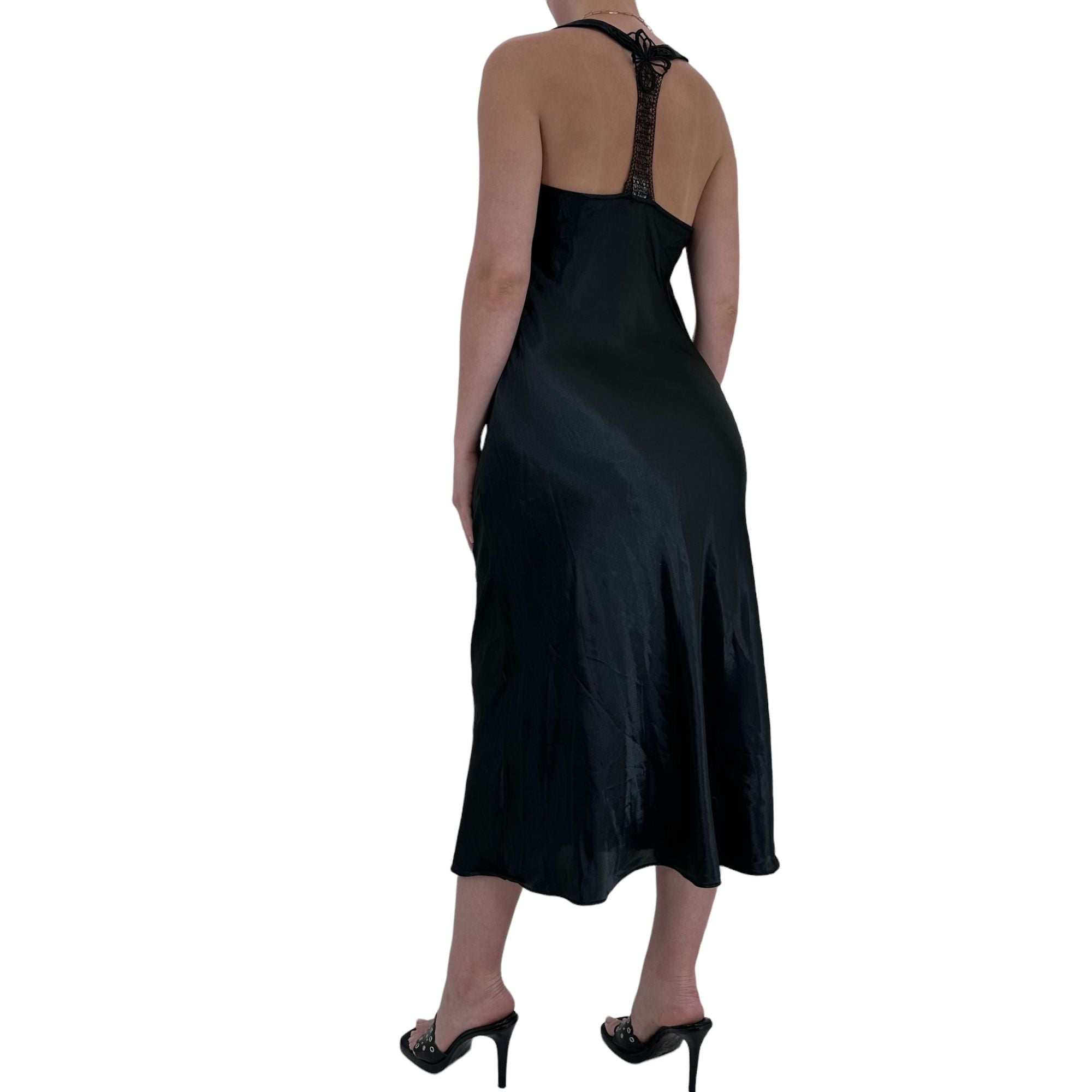 90s Vintage Black Satin Maxi Slip Dress [M]